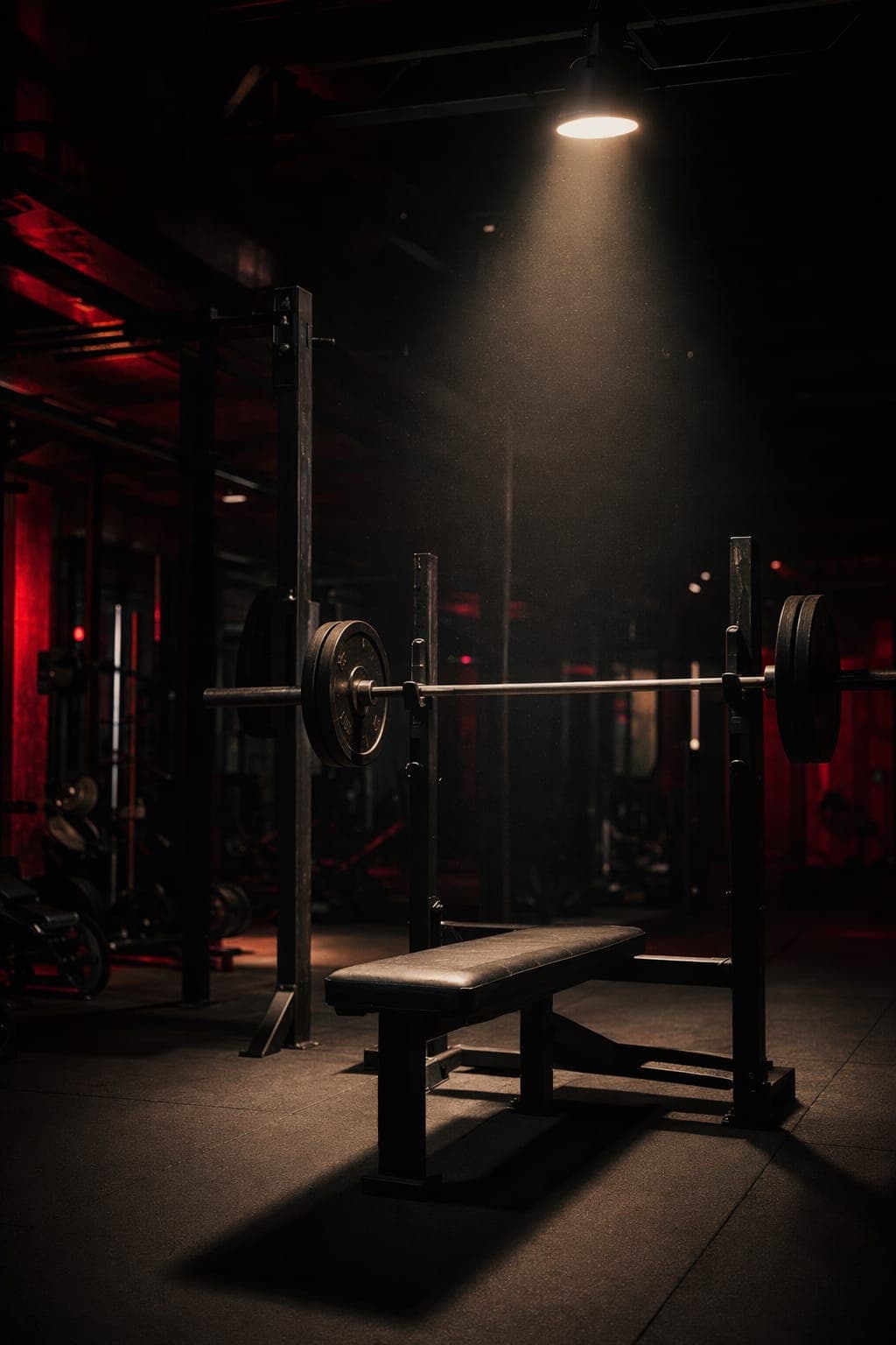 An empty training floor at dawn, light cutting across the space
